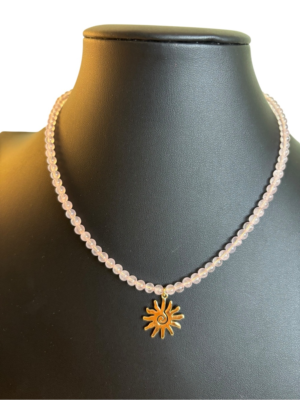 Luna Norte Genuine Rose Quartz Beaded Necklace w/ Brass Sun Pendant.